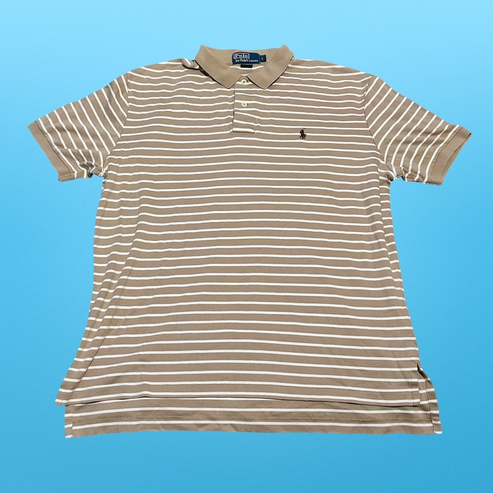 Polo Ralph Lauren Mens Large Tan White Striped Short Sleeve Pique Polo Shirt